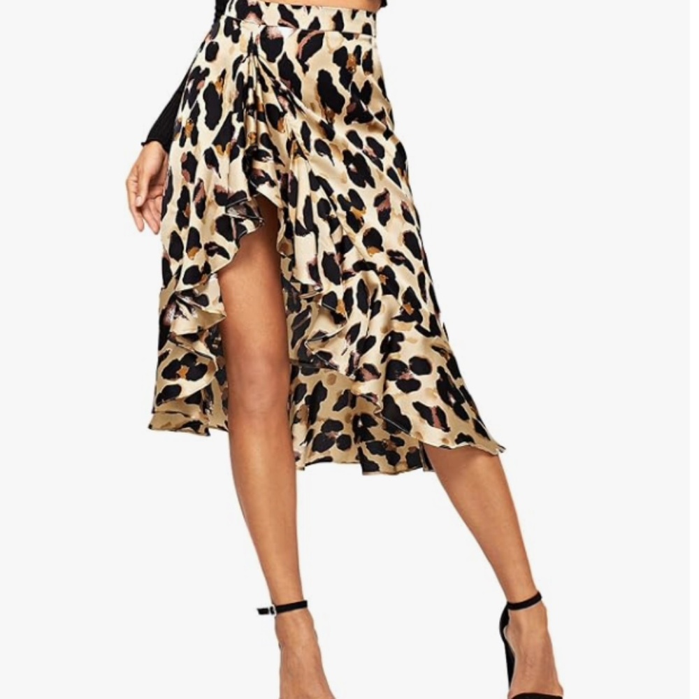 Verdusa Women's Leopard Ruffle Trim High Split Printed Skirt Sz. XS